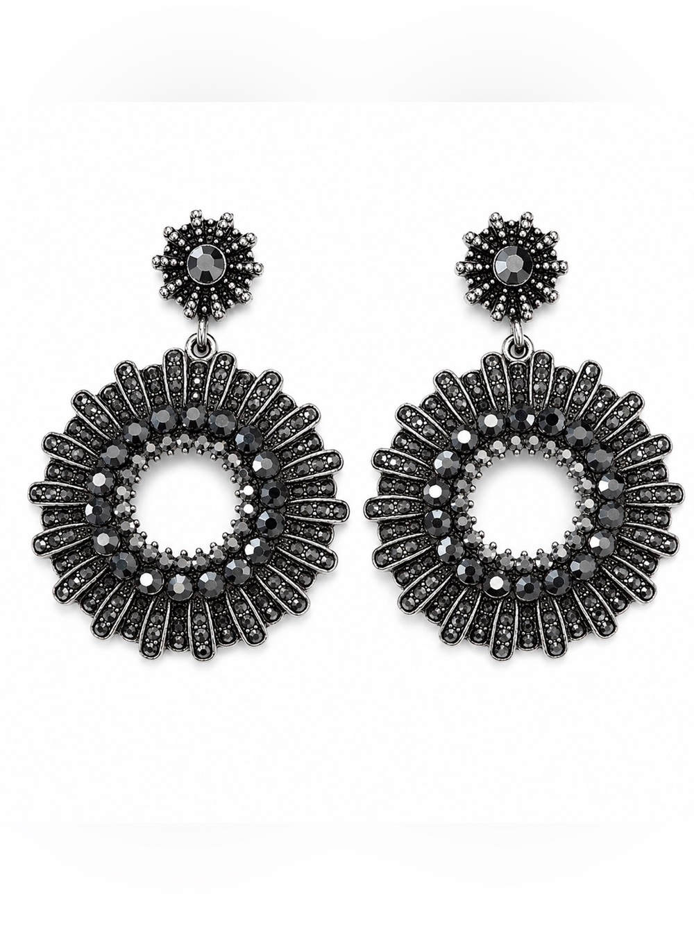 Boutique Style Gunmetal Rhinestone Circle Statement Drop Earrings